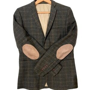 Mens Plaid Blazer Jacket Elbow Patch Sport Coat 100% Wool Soft Made in Italy 38R